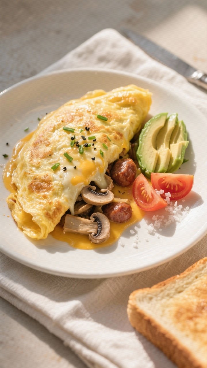 Final plated top view: Overhead shot of a folded Turkey Sausage & Mushroom Omelette on a white ceram