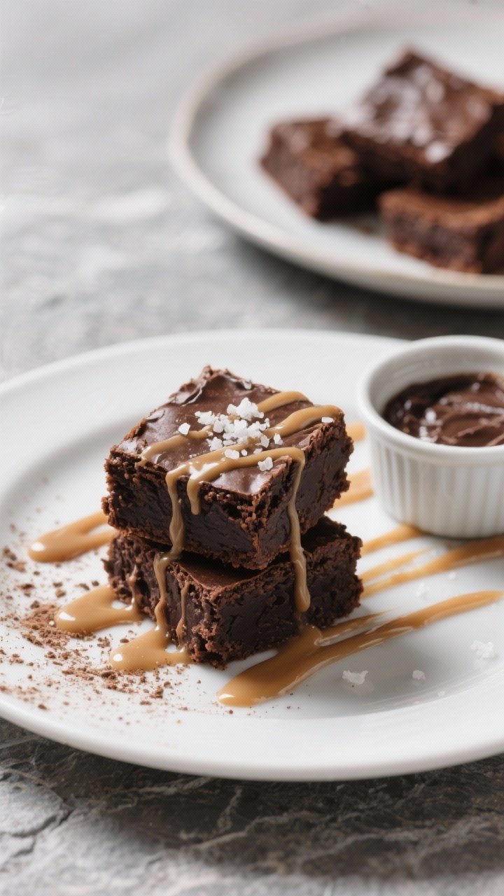 Final presentation shot: Restaurant-quality plated keto brownies—two neat squares stacked, drizzle