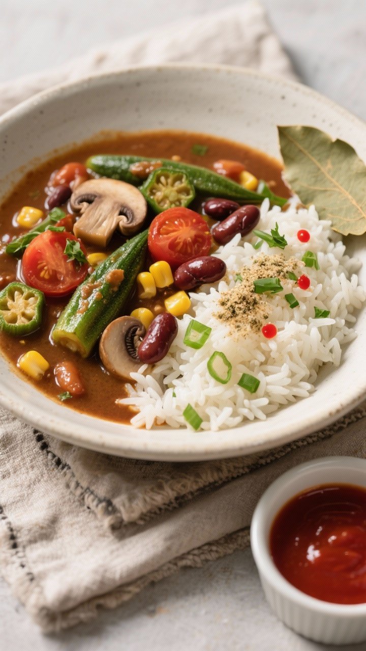 Overhead final dish presentation: A hearty bowl of vegan gumbo with okra, mushrooms, kidney beans, c