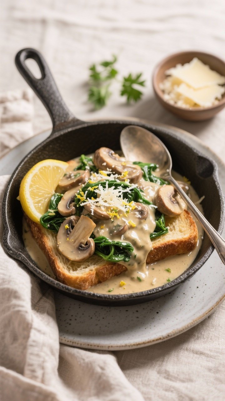 Overhead final plating: creamy mushroom and spinach skillet spooned over buttered crusty toast on a 