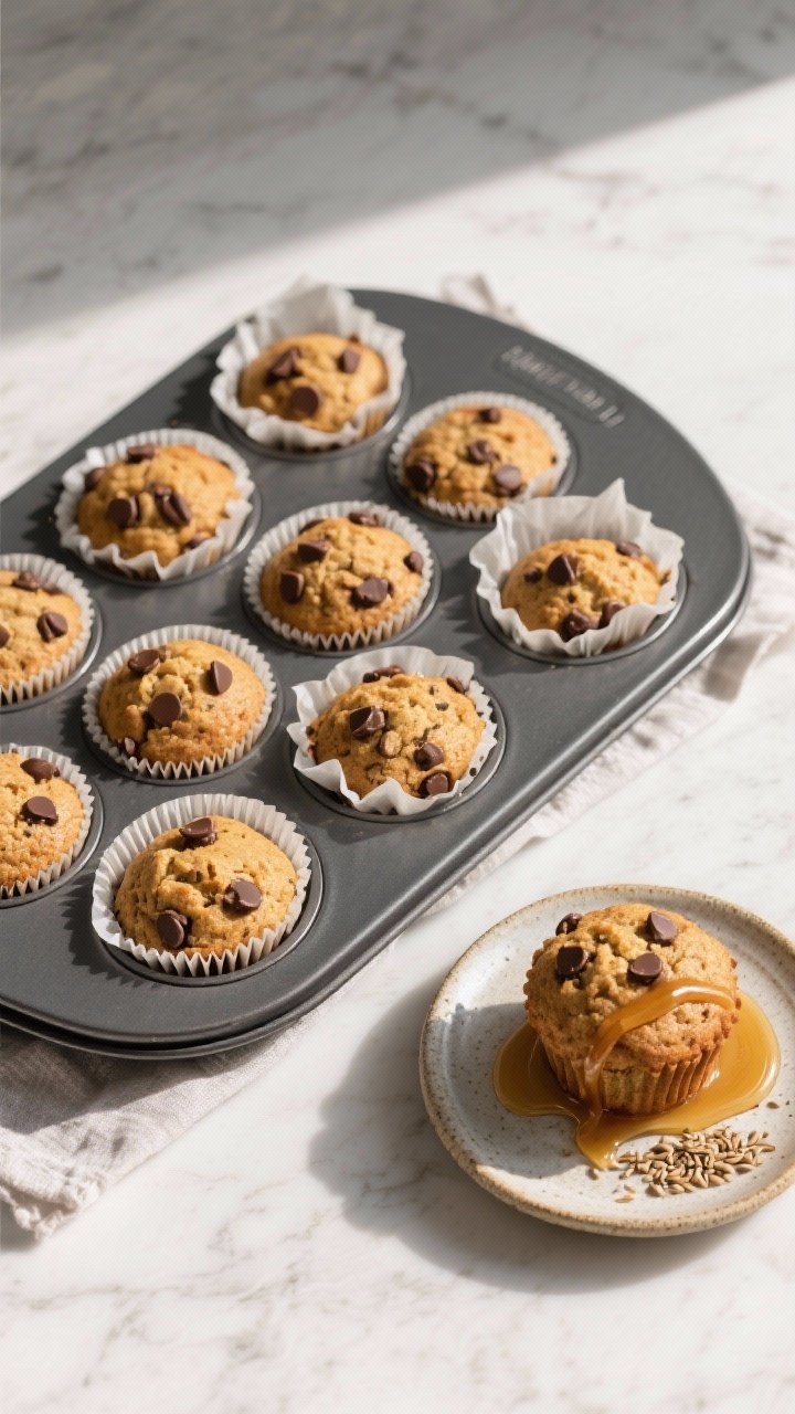 Overhead final presentation: A 12-cup muffin pan filled with freshly baked chocolate chip protein mu