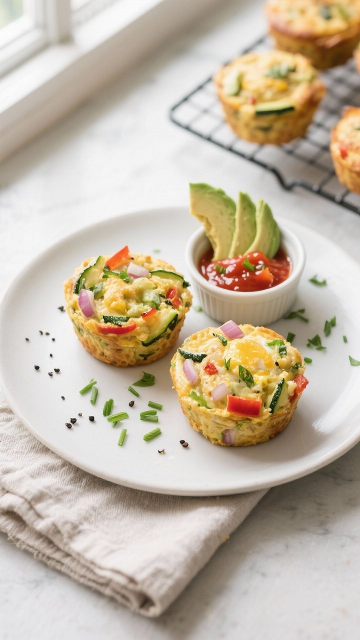 Overhead final presentation: beautifully plated high-protein zucchini egg muffins (two per plate) on
