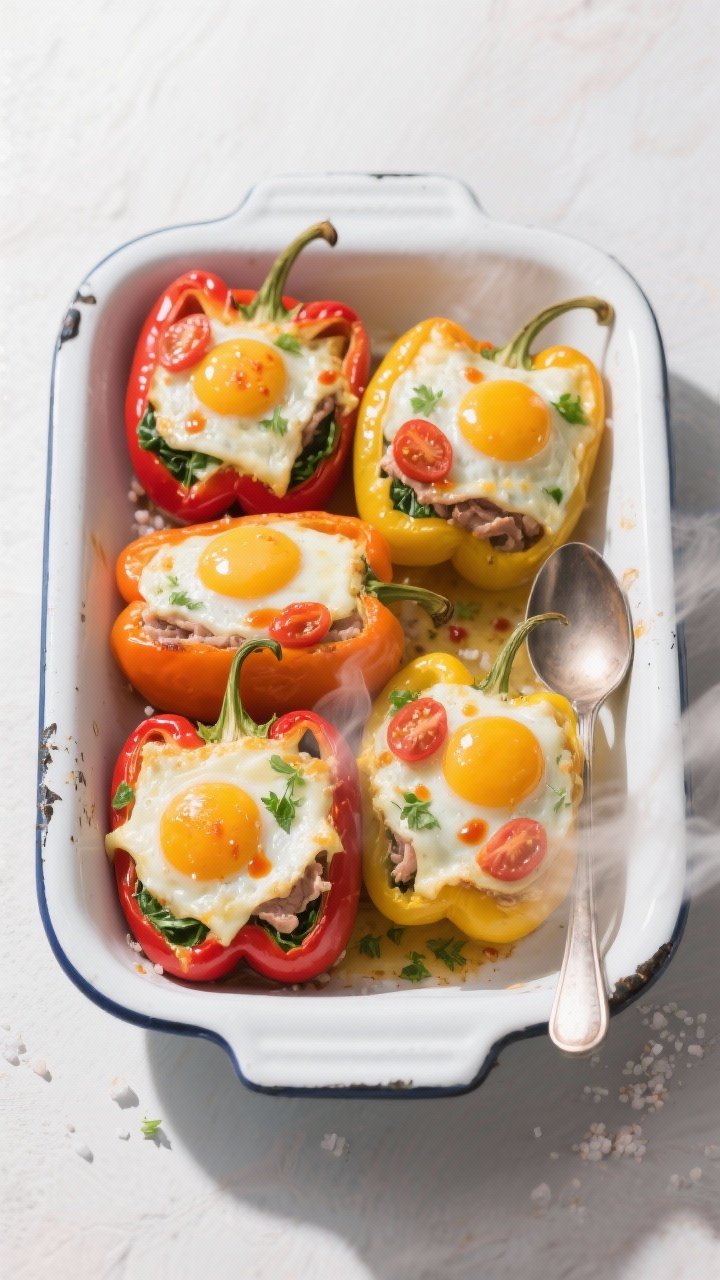Overhead final presentation: Four colorful breakfast stuffed peppers (red, orange, yellow) upright i
