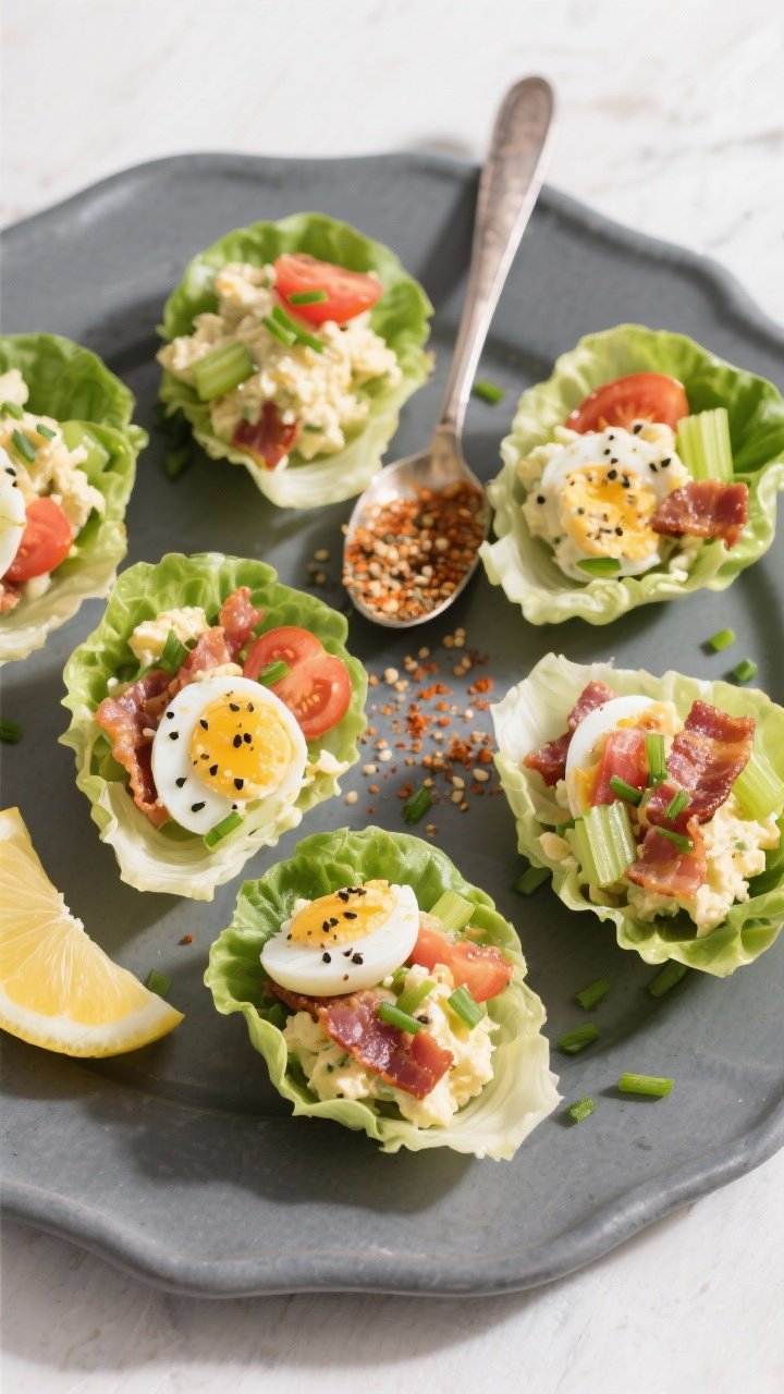 Overhead final presentation: Keto BLT Egg Salad spooned into butter lettuce cups arranged on a slate