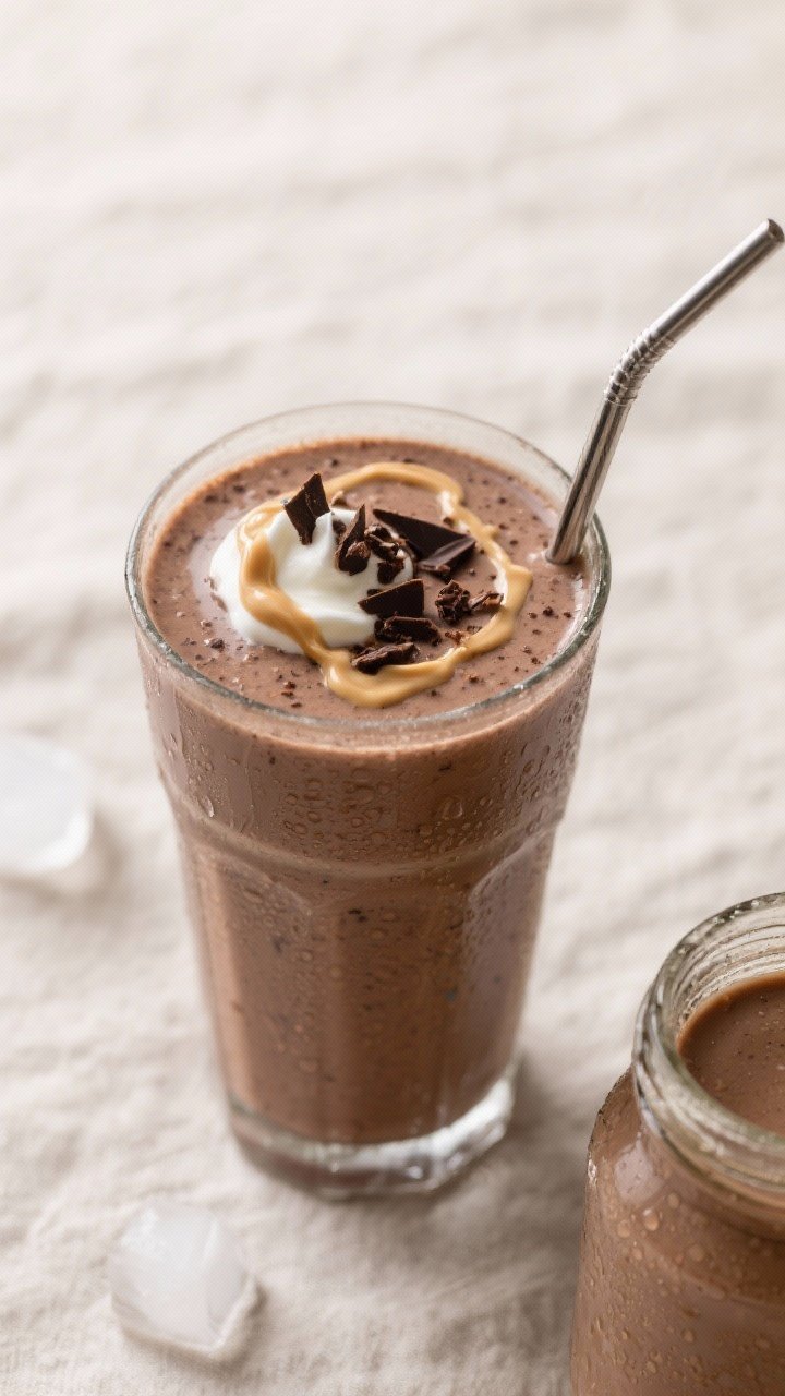 Overhead final presentation of the Chocolate Peanut Butter Protein Smoothie in a tall glass, topped 