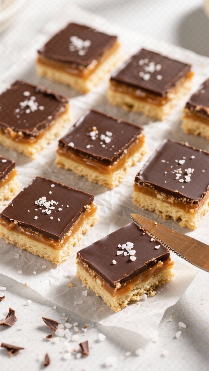 Overhead final presentation: Perfectly sliced Keto Salted Caramel Bars arranged in a 4x4 grid on par