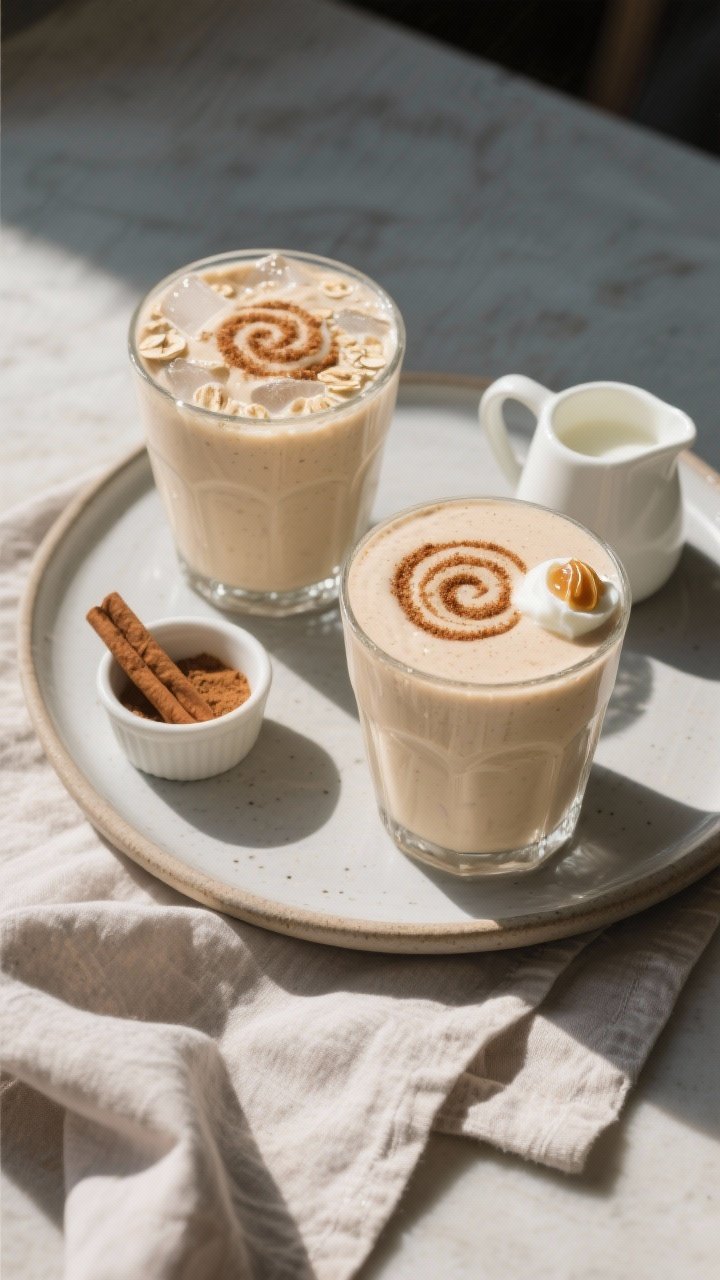 Overhead final presentation shot of two finished cinnamon roll protein smoothies on a matte ceramic 