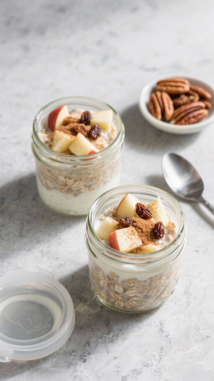 Overhead final presentation: Two meal-prep jars of apple cinnamon overnight oats arranged on a cool-