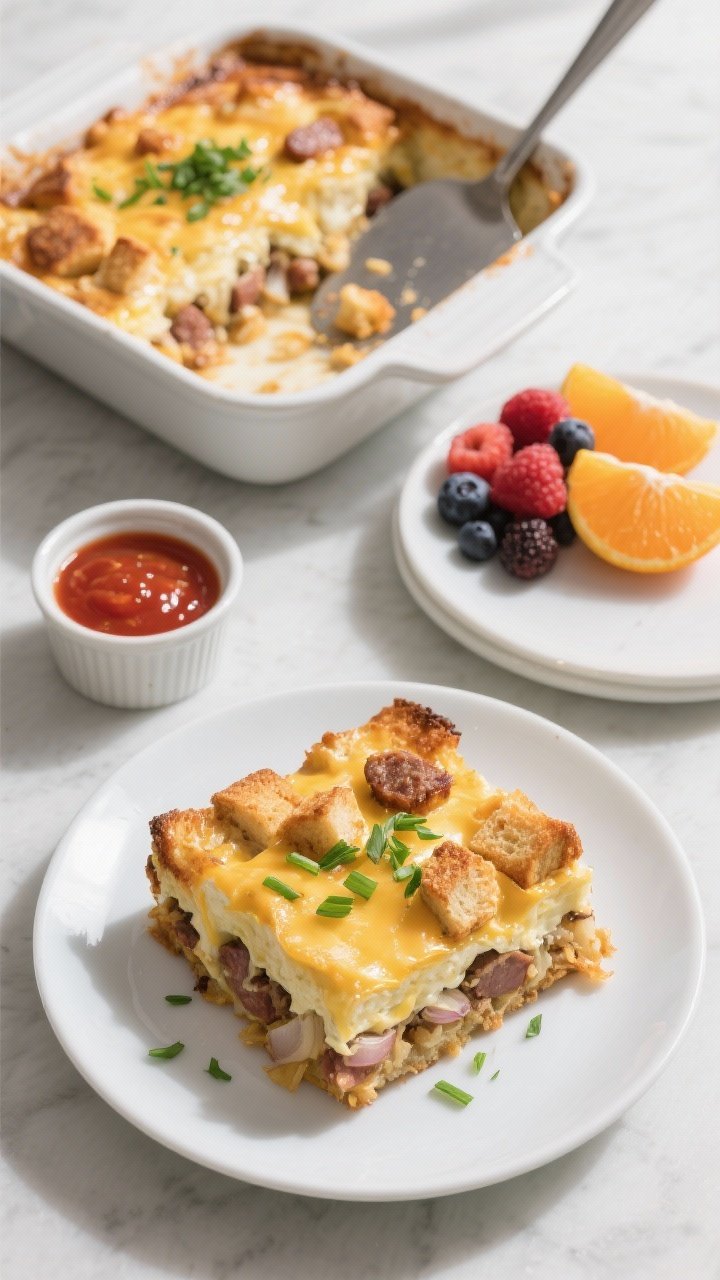 Overhead final serving scene: Two generous squares of the baked casserole plated on matte white plat
