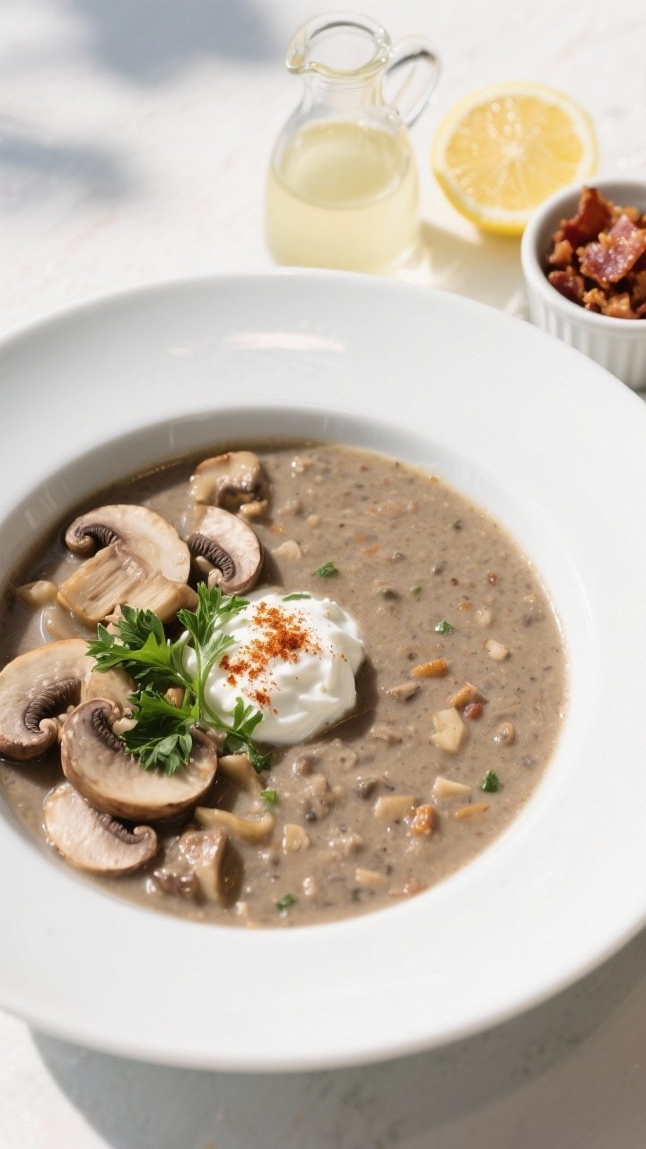 Overhead hearty serving: of a mixed-texture mushroom soup (half-blended, half-chunky) in a wide whit