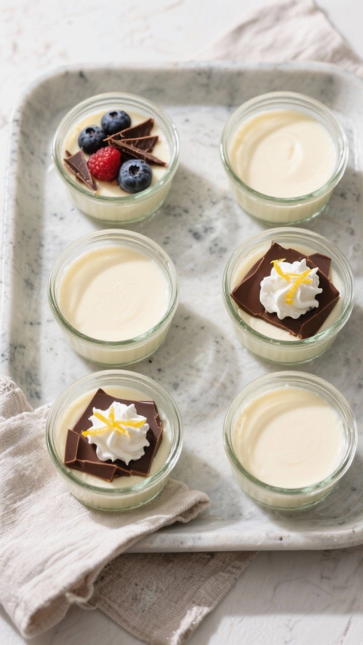 Overhead make-ahead set: Top-down shot of six small glass ramekins filled with perfectly set keto va