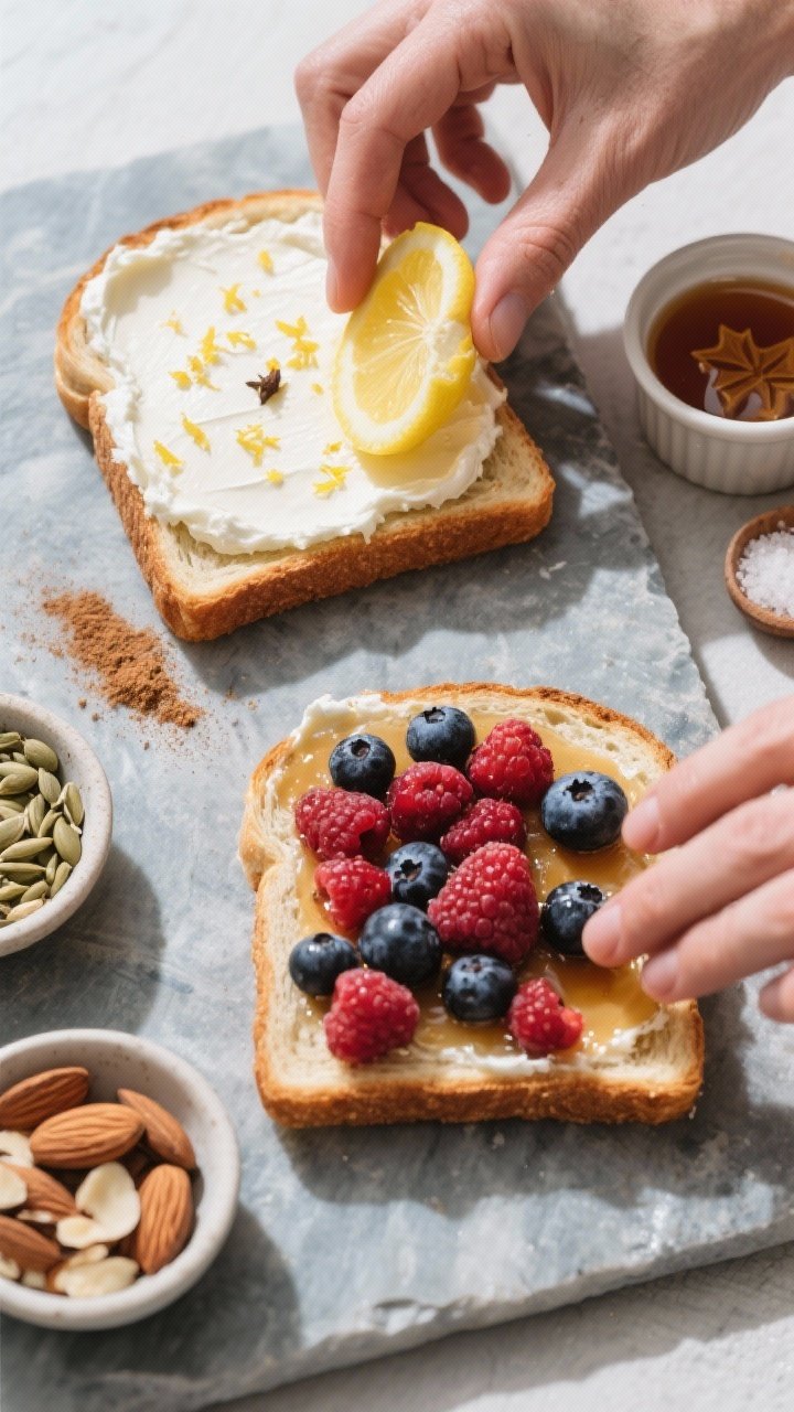 Overhead process shot showing two slices in mid-assembly on a cool-toned stone board: one toast alre