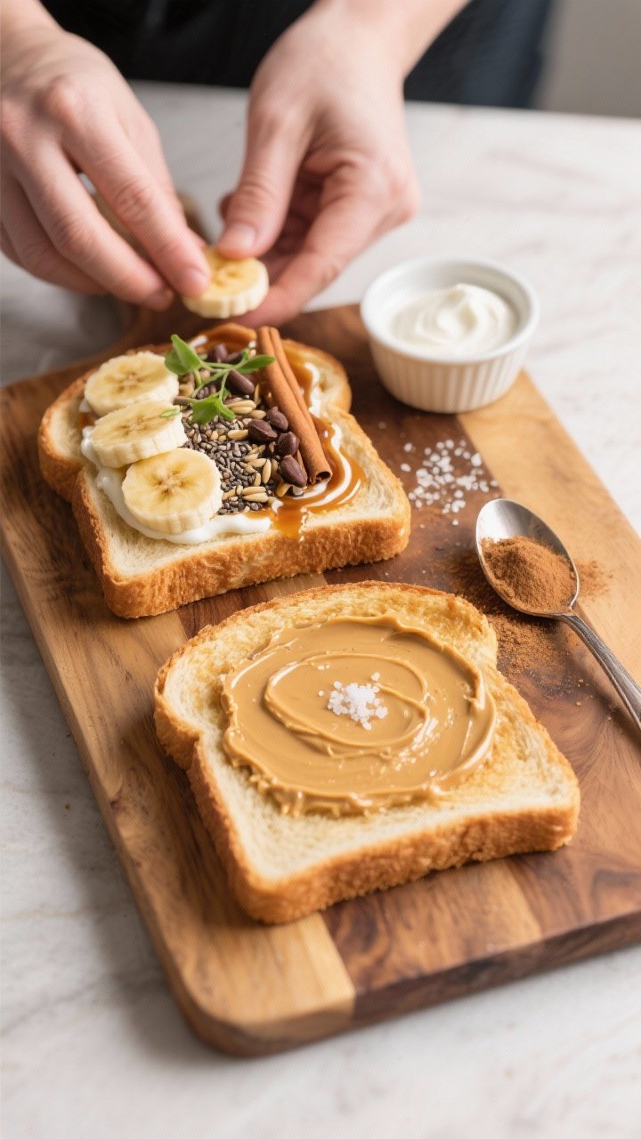 Overhead process shot: Two slices of golden, sturdy toast on a wooden board mid-assembly—one slice