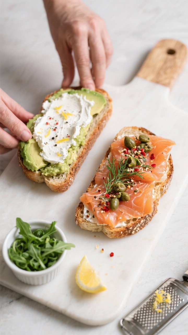 Overhead process shot: Two toasts on a board mid-assembly—left slice spread with a thin tangy laye