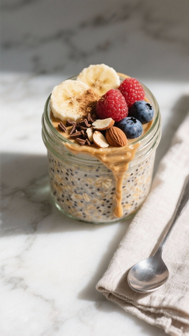 Overhead shot of a chilled jar of protein-packed overnight oats with chia and almond butter, just st
