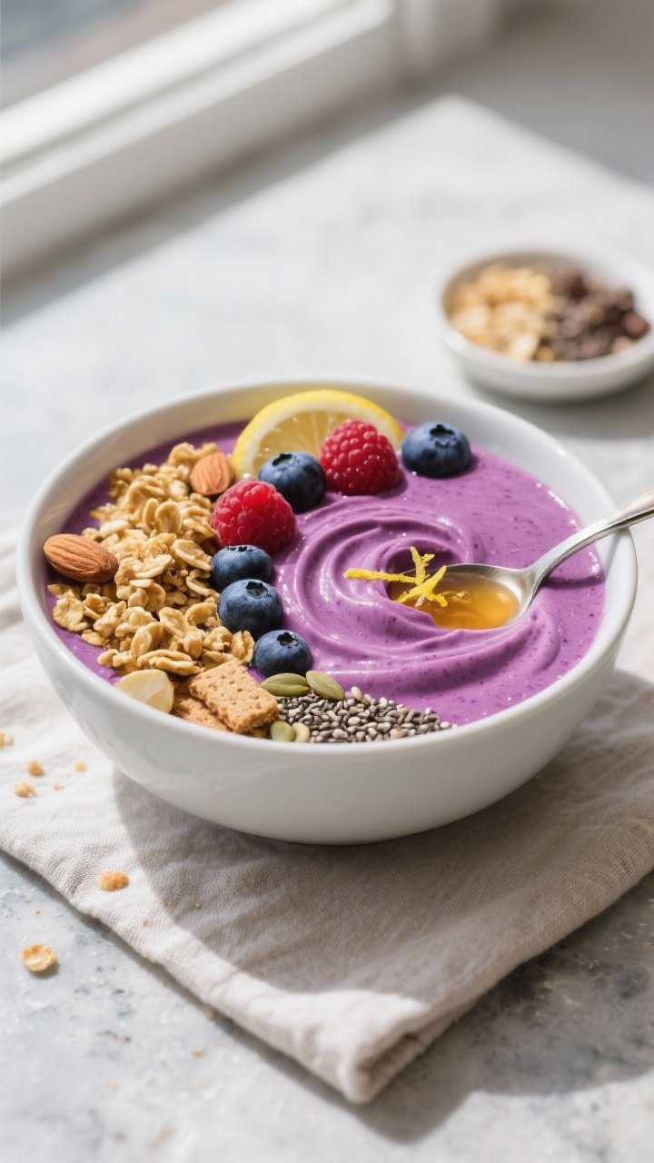 Overhead shot of a High-Protein Berry Cheesecake Smoothie Bowl just after blending and smoothing, th