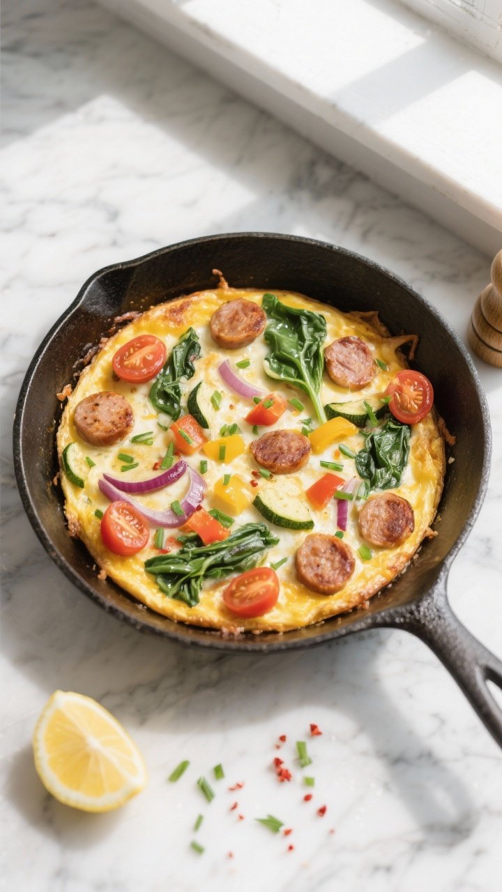 Overhead shot of a just-baked Veggie & Chicken Sausage Frittata in a 10–12 inch oven-safe skillet