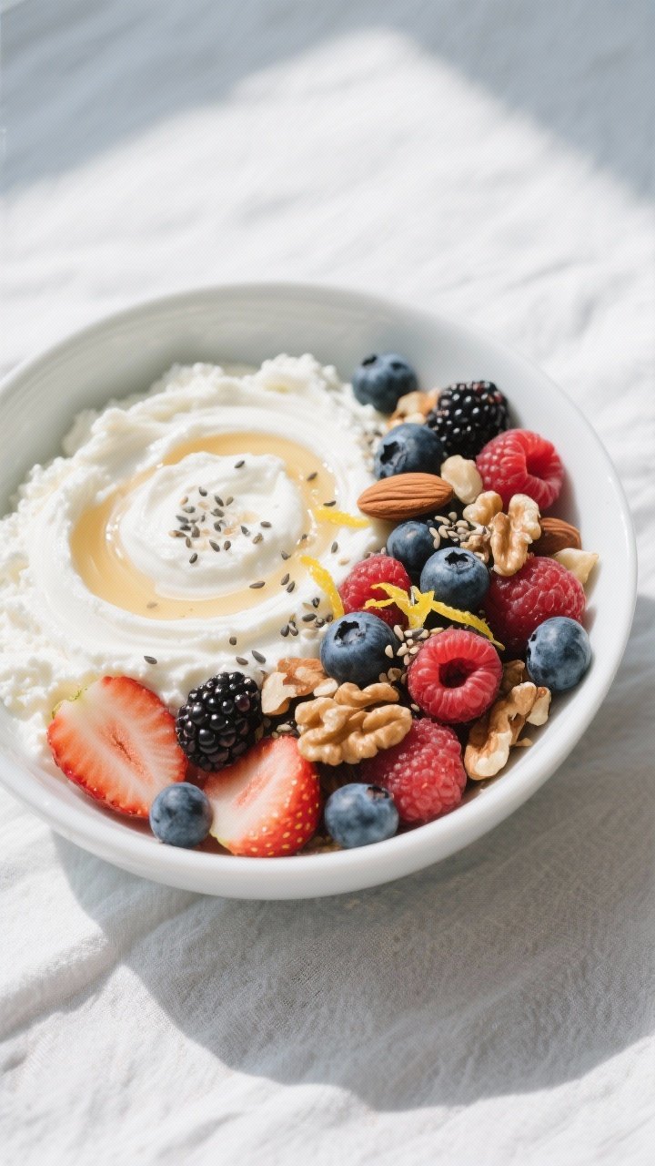 Overhead shot of a prepared Cottage Cheese and Berry Protein Bowl just after assembly, showing a cre