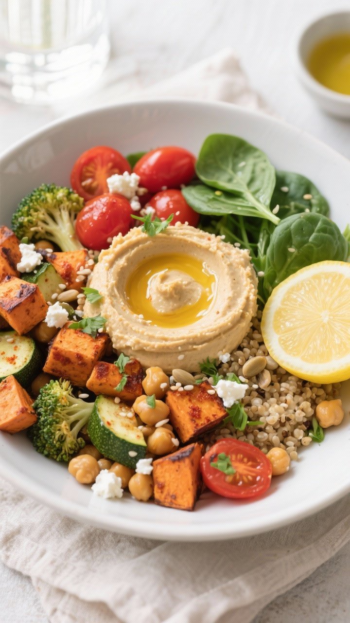Overhead shot of a Roasted Vegetable & Hummus Bowl just assembled: warm, caramelized sweet potato cu