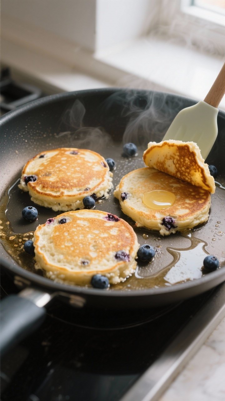Overhead shot of golden, cooked blueberry cottage cheese pancakes mid-cook on a nonstick skillet: th