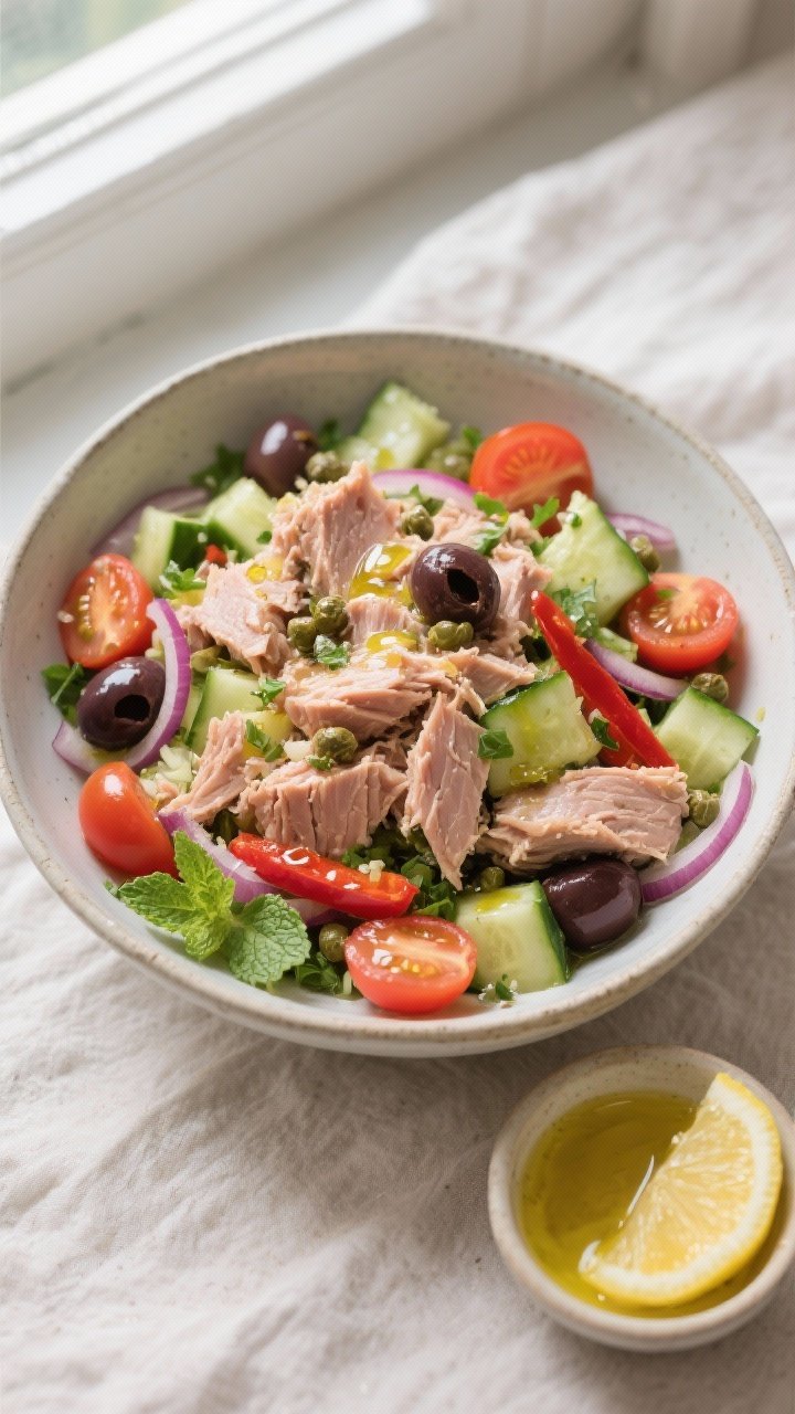 Overhead shot of Mediterranean Tuna Salad just after dressing is added and gently tossed, showing ch