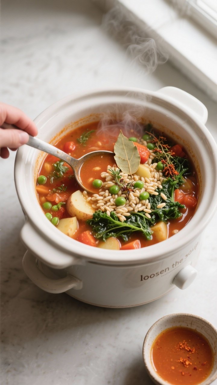 Overhead shot of Slow Cooker Veggie Barley Soup just finished cooking in the ceramic crock, ladle sw
