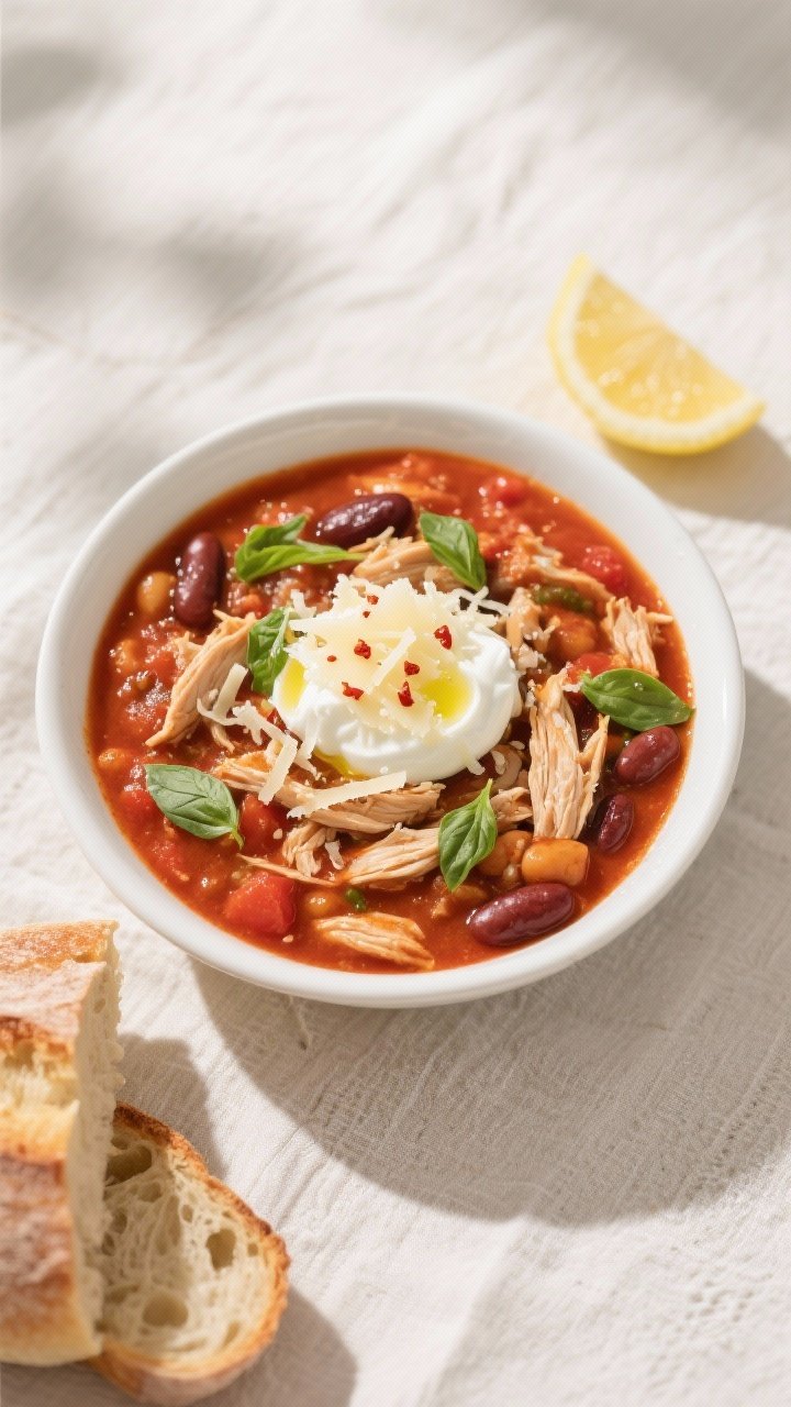 Overhead shot of the finished Tomato Basil Chicken Chili ladled into a wide white bowl: vibrant red 