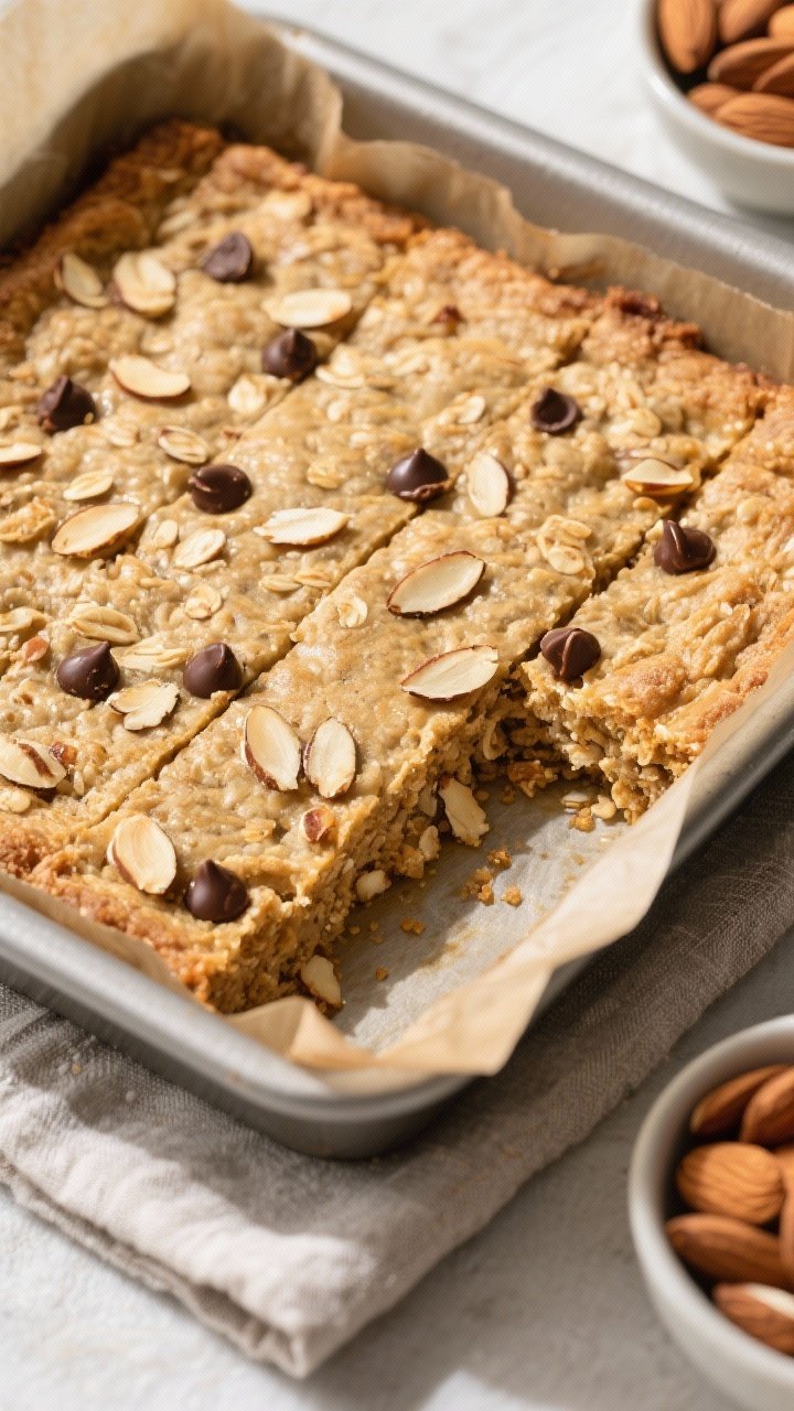 Overhead shot of the freshly baked Almond Butter Protein Oatmeal Bake in an 8x8-inch parchment-lined