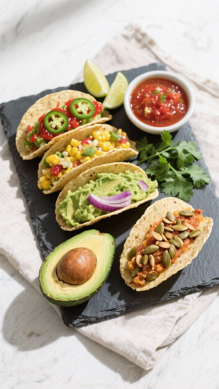 Overhead tasty top view, customizable spread: Overhead shot of a slate platter with multiple taco-st