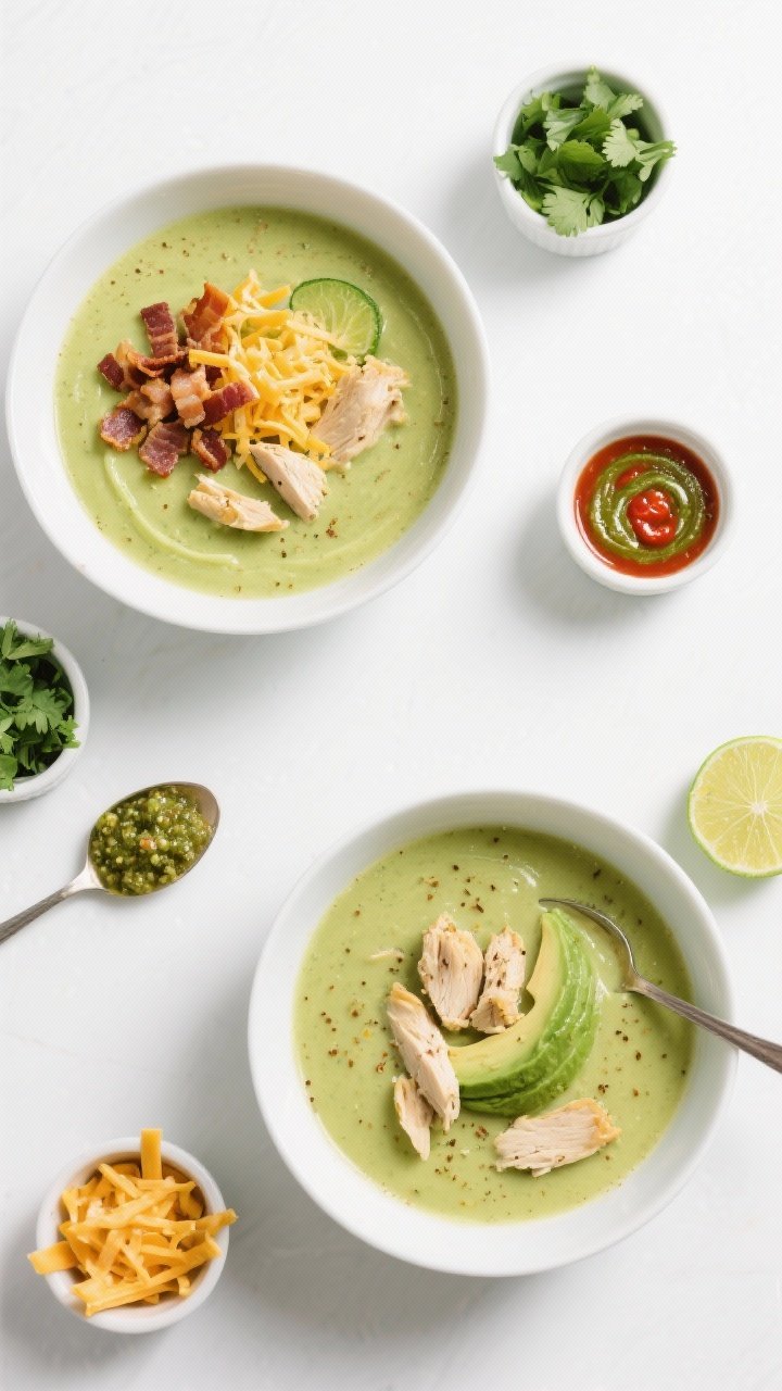 Overhead tasty top view, customizable toppings: Overhead shot of two bowls of Keto Chicken Avocado S