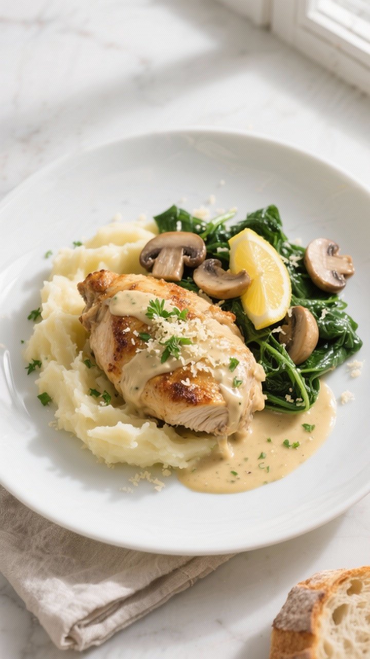Overhead “tasty top view”: Final plated Creamy Garlic Butter Chicken on a wide shallow white pla
