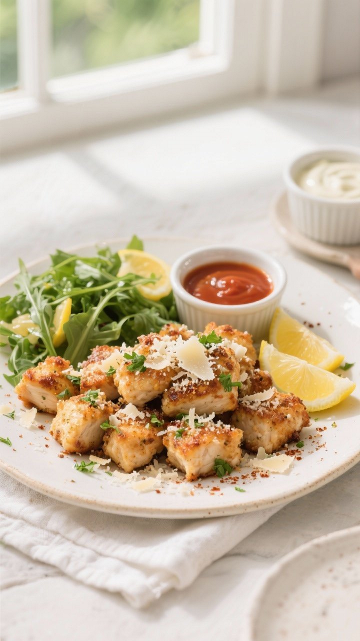 Overhead “tasty top view”: Final plated Garlic Parmesan Chicken Bites piled on a warm white cera