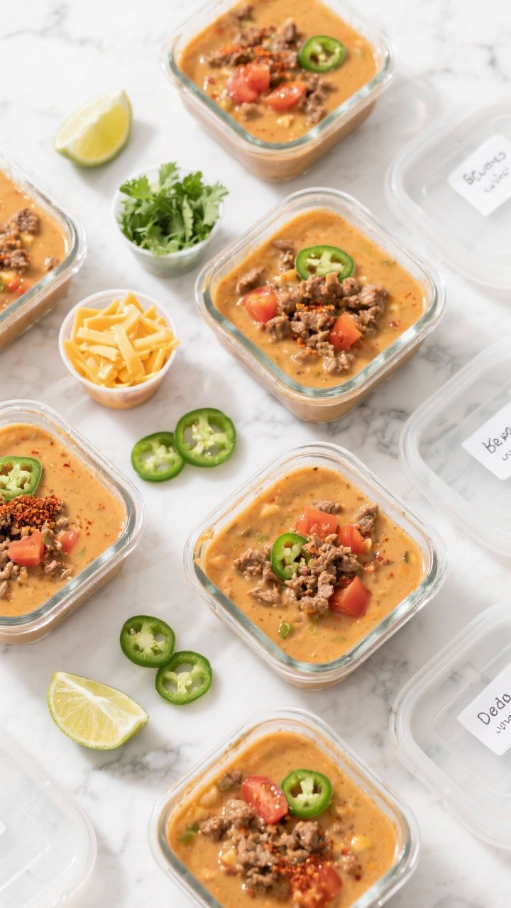 Overhead tasty top view for meal prep: Overhead shot of multiple portions of Spicy Keto Taco Soup in