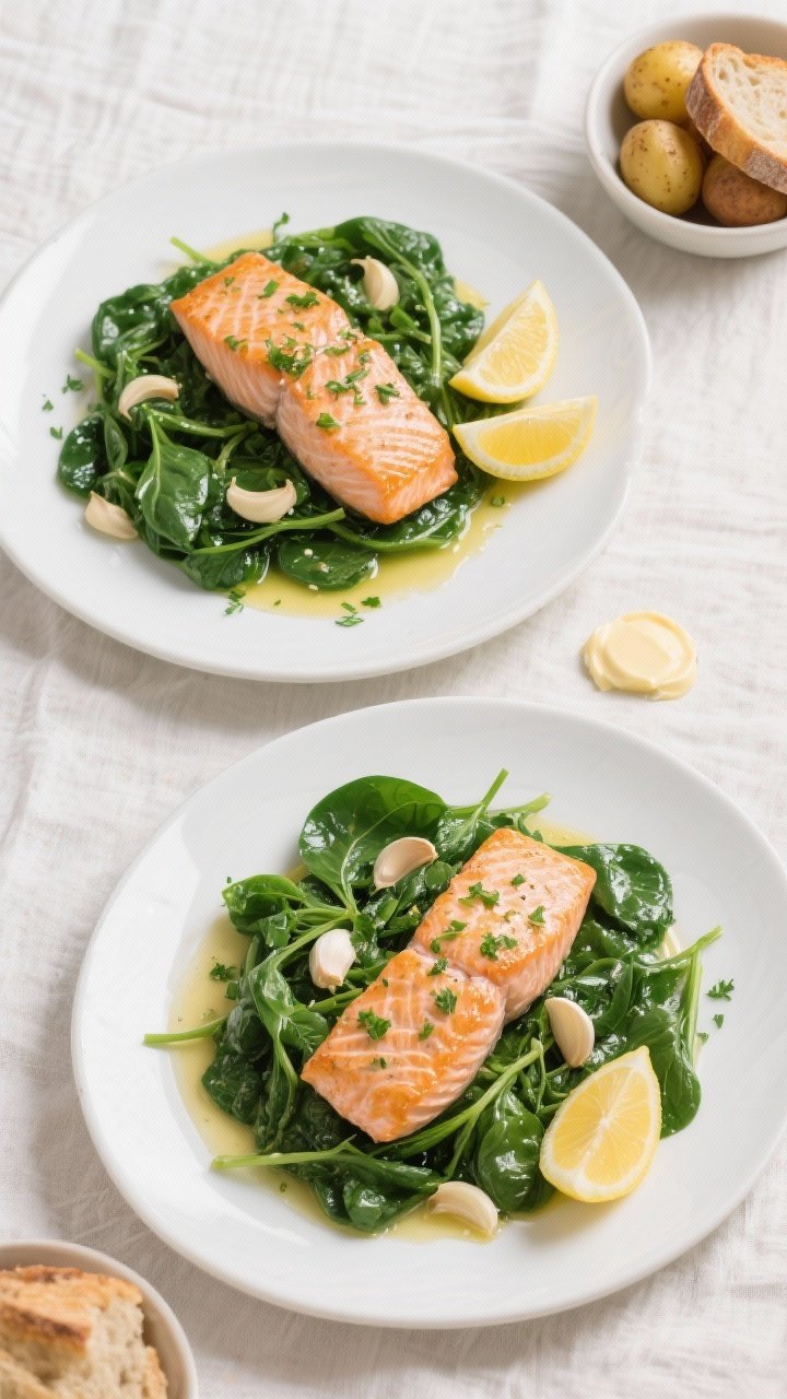 Overhead “tasty top view”: Garlic Butter Salmon with Spinach plated for two—garlicky wilted ba