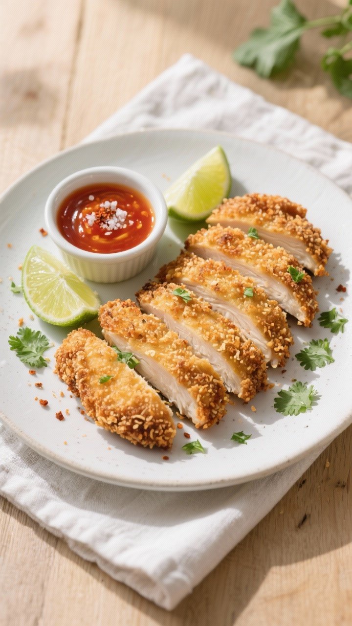 Overhead “tasty top view” of a platter of coconut-crusted chicken tenderloins arranged in a loos