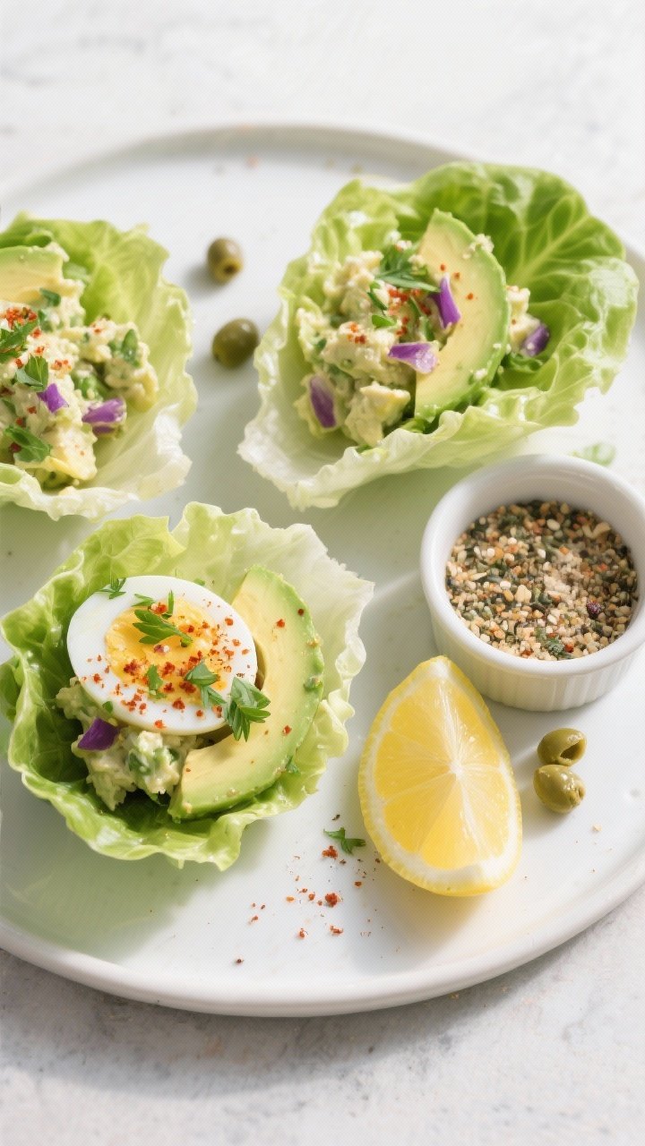 Overhead “tasty top view” of assembled Avocado Egg Salad Lettuce Wraps on a matte white platter: