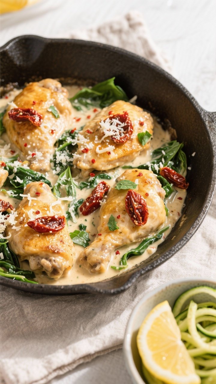 Overhead tasty top view of Keto Creamy Tuscan Garlic Chicken family-style in a wide skillet: four go