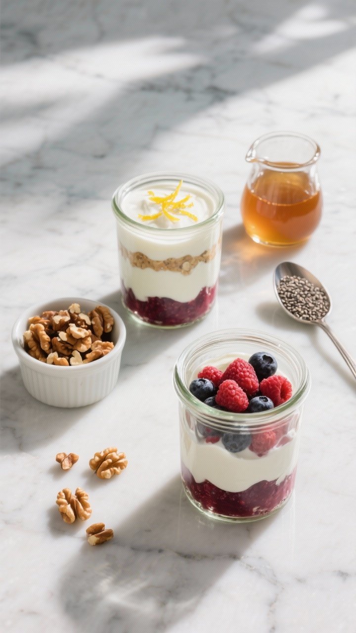 Overhead “tasty top view” of layered parfaits in clear glass jars for meal prep, showing distinc