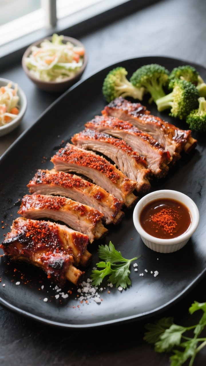 Overhead “tasty top view” of sliced, broiled keto BBQ ribs arranged in a neat shingled row on a 