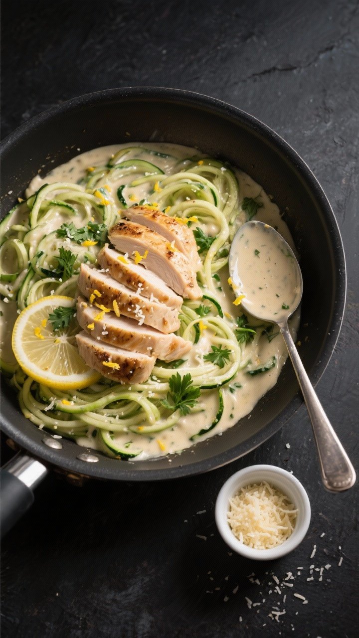 Overhead tasty top view: One-skillet presentation of the finished dish in a large nonstick pan—zoo