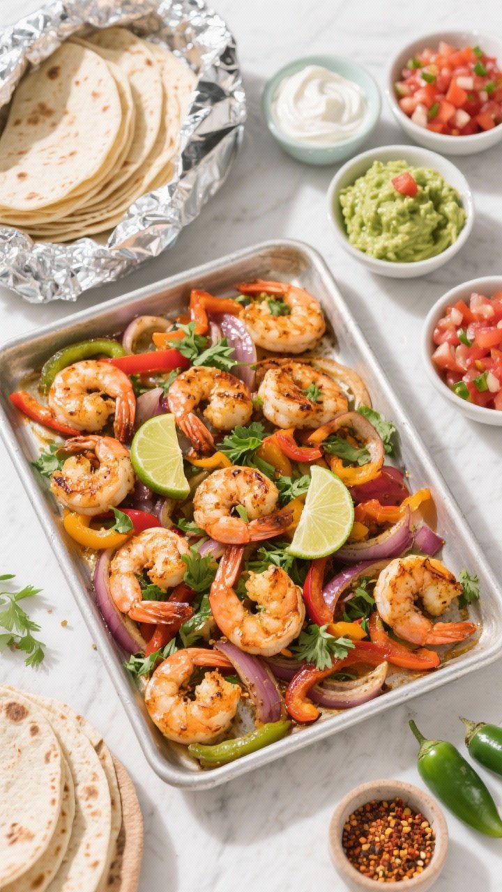 Overhead “tasty top view” scene: Build-your-own sheet pan shrimp fajita spread. Centered: the fi