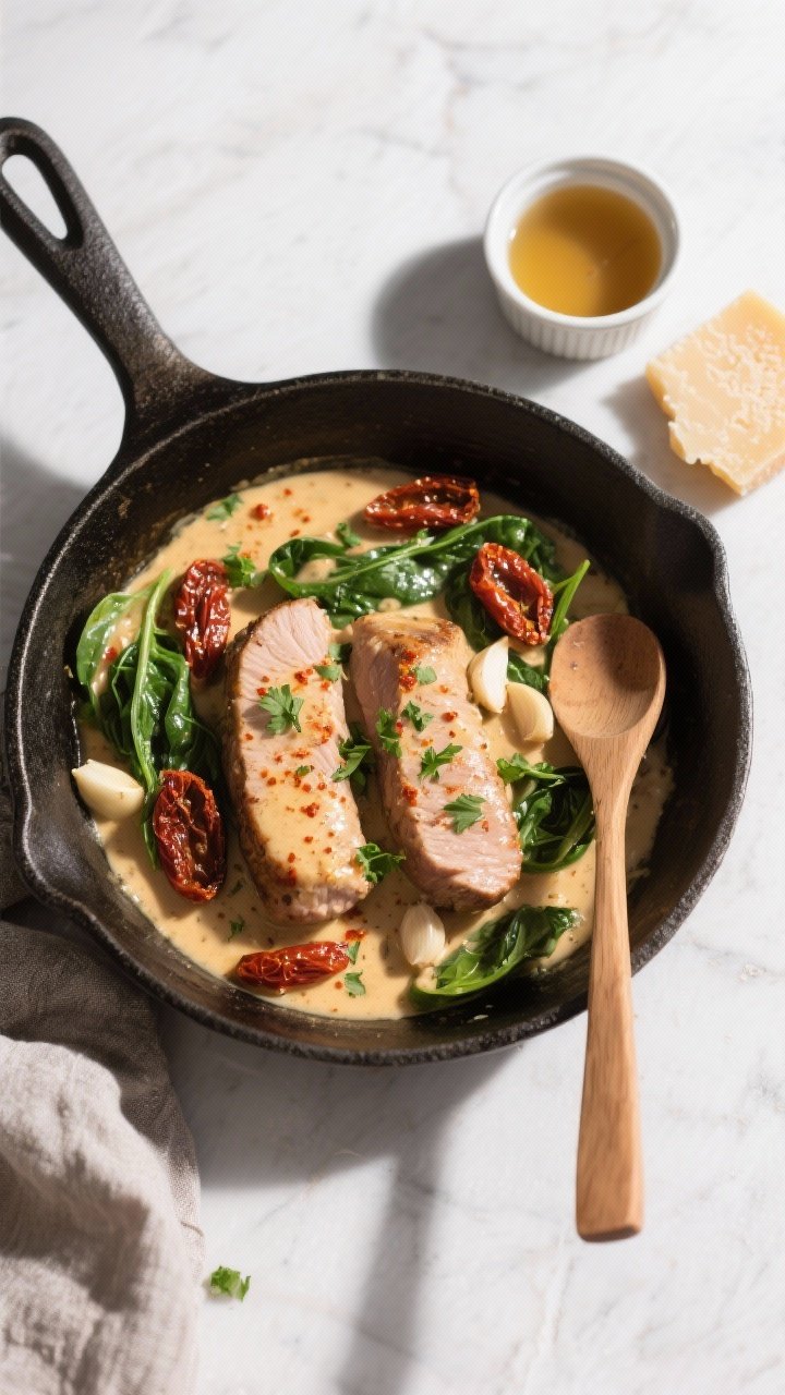 Overhead tasty top view: Skillet scene of the finished dish ready to serve—tenderloins nestled in 