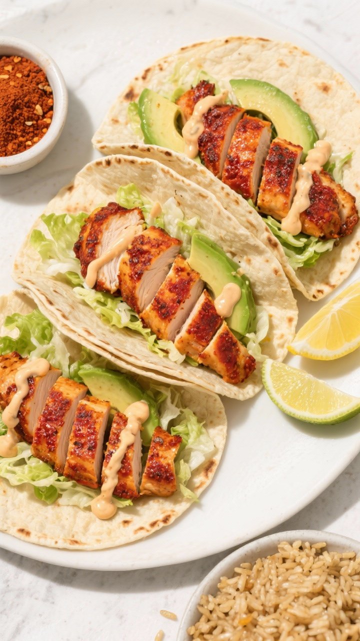 Overhead tasty top-view: Sliced Cajun chicken tenderloins arranged in a warm tortilla taco trio, sho