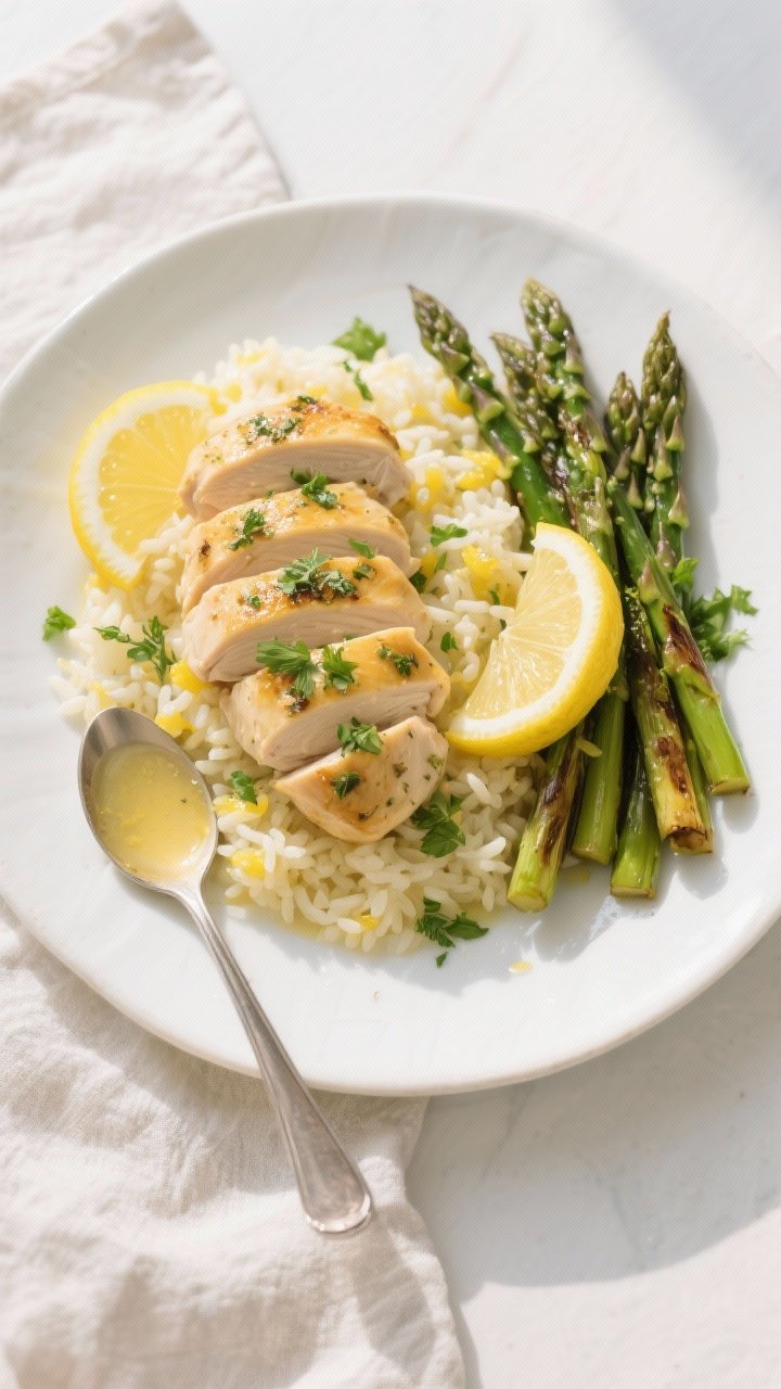 Overhead “tasty top view”: Sliced lemon herb chicken tenderloins arranged over fluffy lemony ric