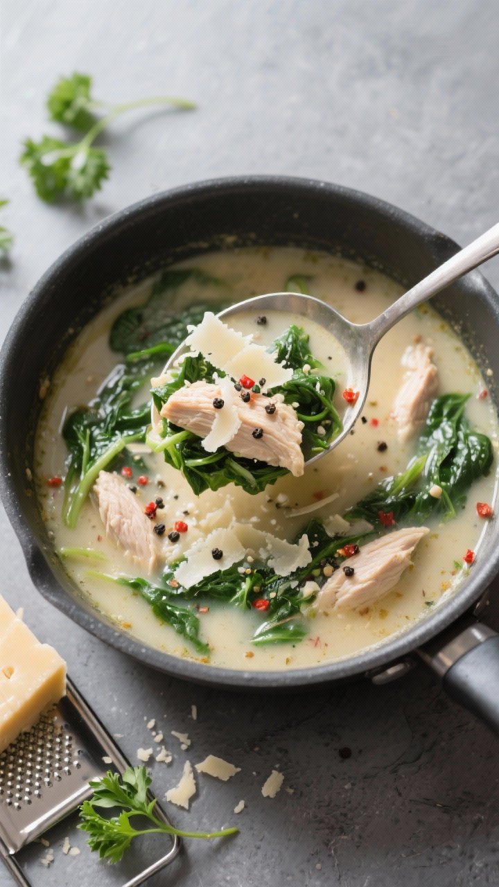 Overhead “tasty top view”: Top-down shot of a ladle hovering over the pot, scooping a generous p