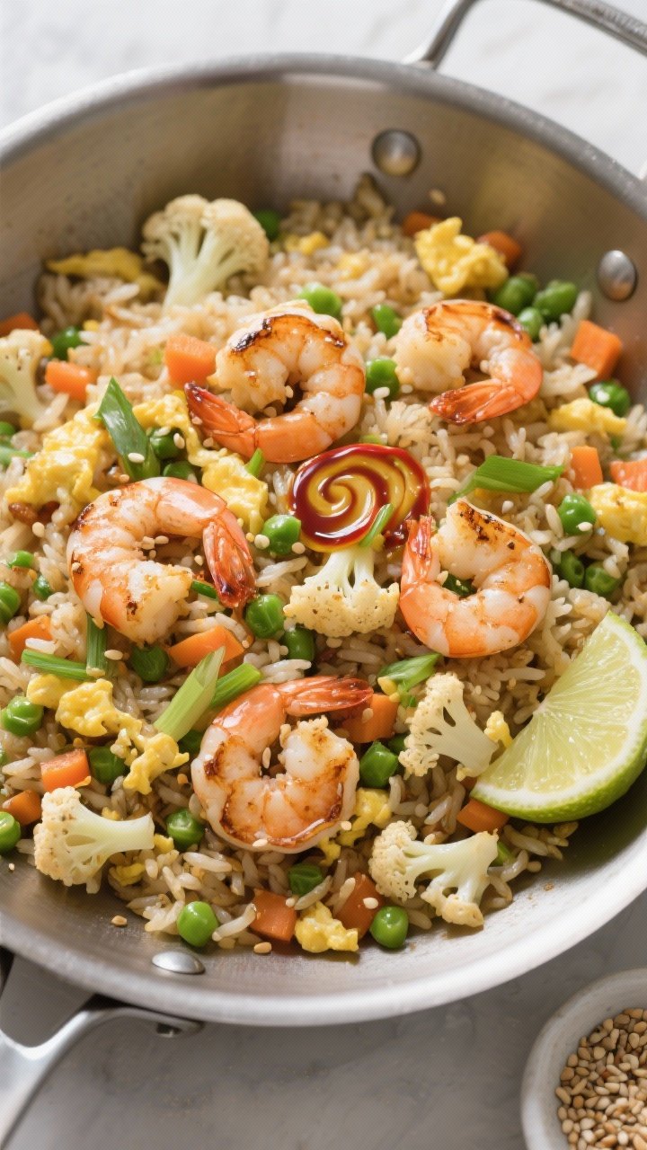 Overhead “tasty top view”: Top-down shot of the finished cauliflower shrimp fried rice spread in