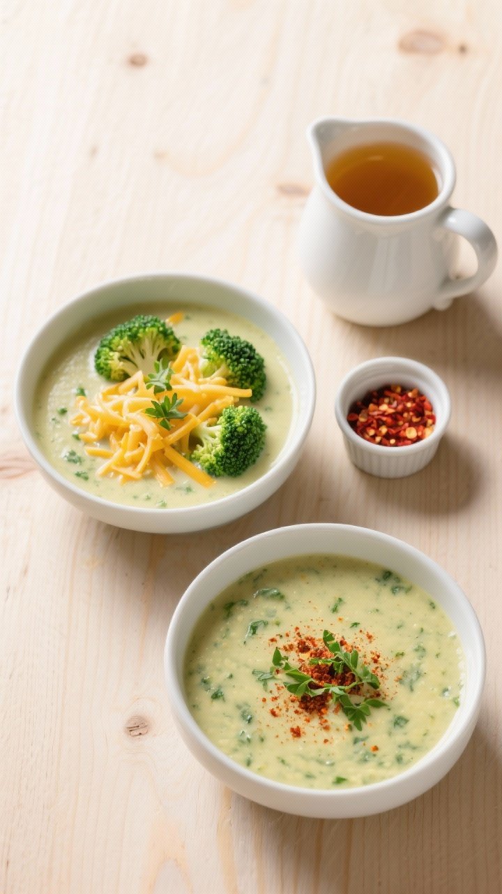 Overhead tasty top view: Top-down shot of two bowls of broccoli cheddar soup on a light wood table, 
