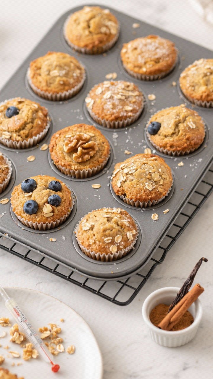 Overhead top-down shot of 12 banana oat muffins in a lined muffin tray, evenly domed tops with golde