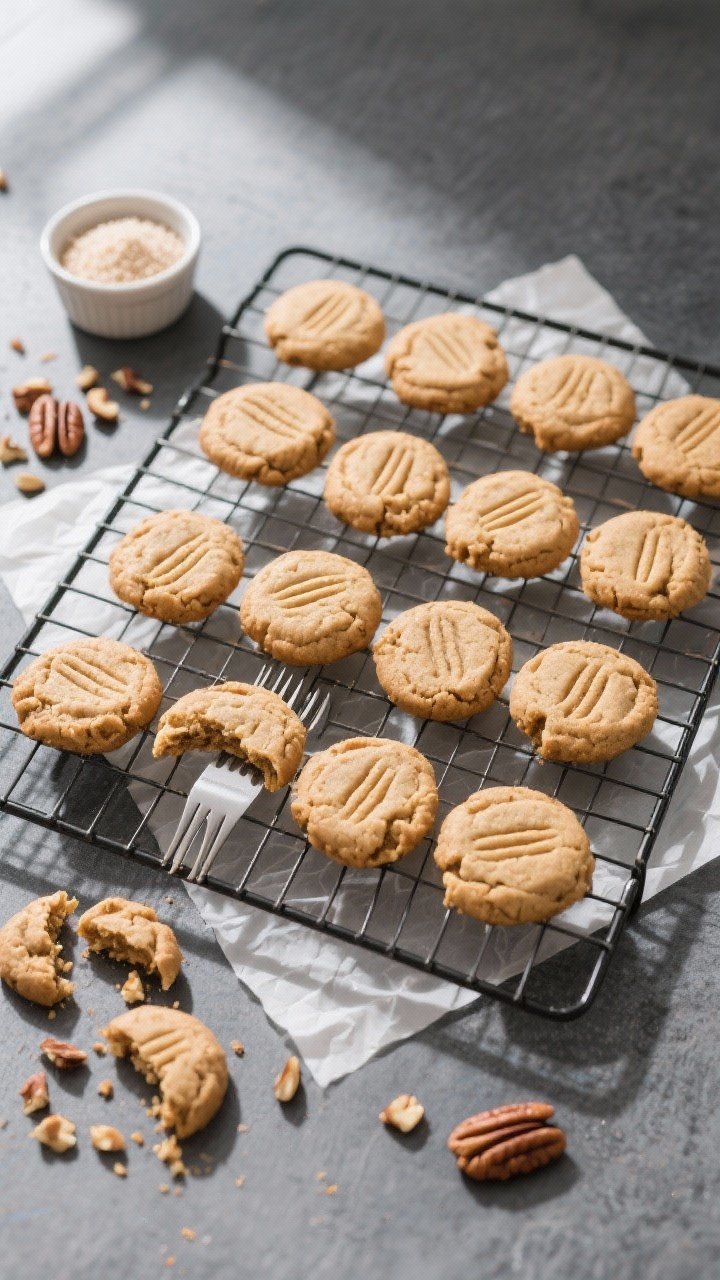 Overhead top-down shot of a cooling rack filled with 12 keto almond butter cookies arranged neatly, 