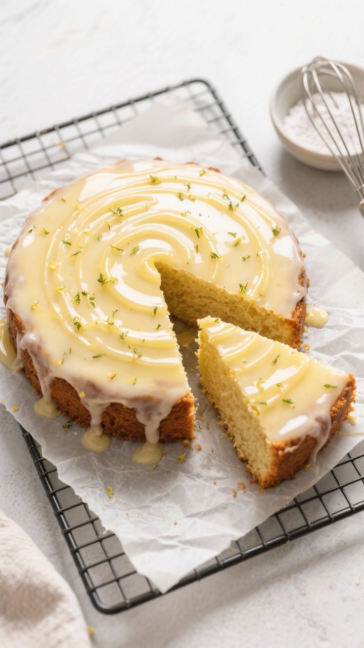 Overhead top-down shot of the whole glazed keto lemon cake on a cooling rack, glaze evenly pooled an